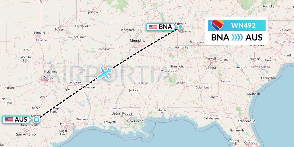 WN492 Southwest Airlines Flight Map: Nashville to Austin