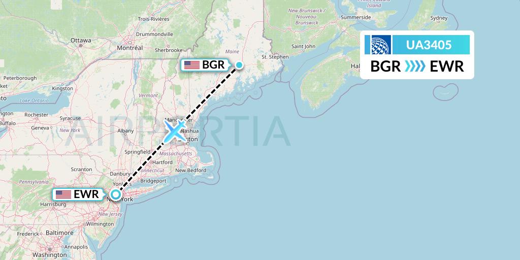 UA3405 United Airlines Flight Map: Bangor to New York