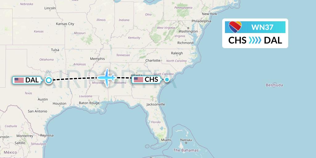 WN37 Southwest Airlines Flight Map: Charleston to Dallas