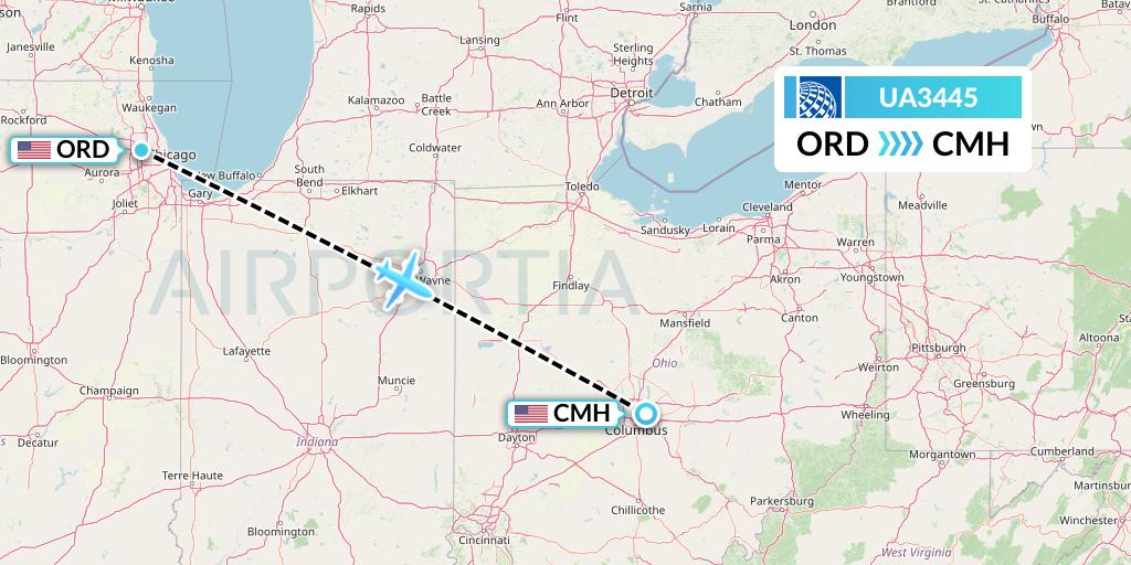 UA3445 United Airlines Flight Map: Chicago to Columbus
