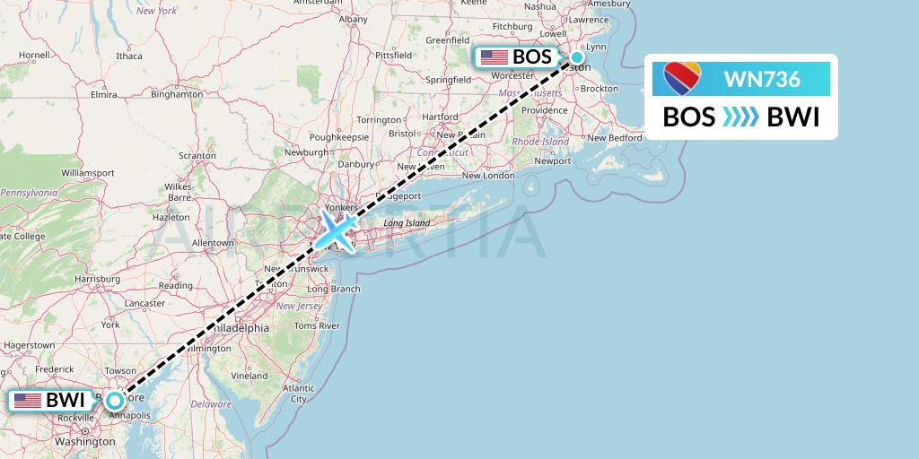 WN736 Southwest Airlines Flight Map: Boston to Baltimore
