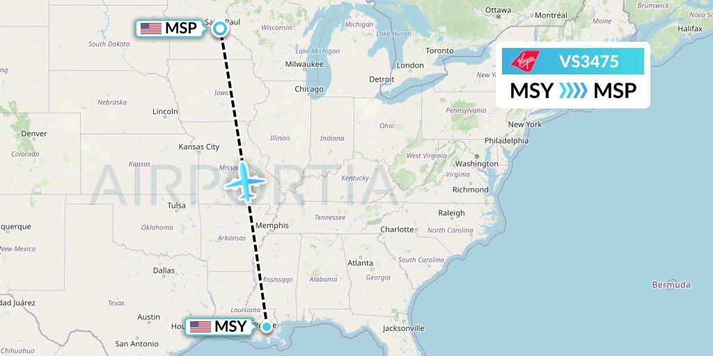 VS3475 Virgin Atlantic Airways Flight Map: New Orleans to Minneapolis