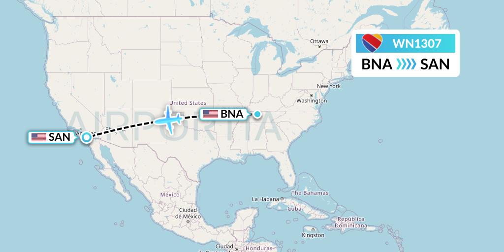 WN1307 Southwest Airlines Flight Map: Nashville to San Diego