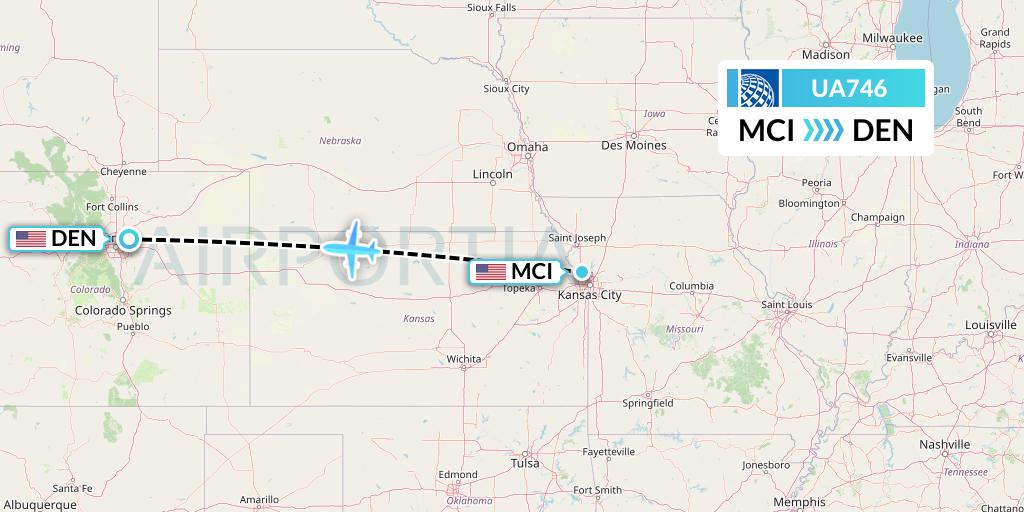UA746 United Airlines Flight Map: Kansas City to Denver