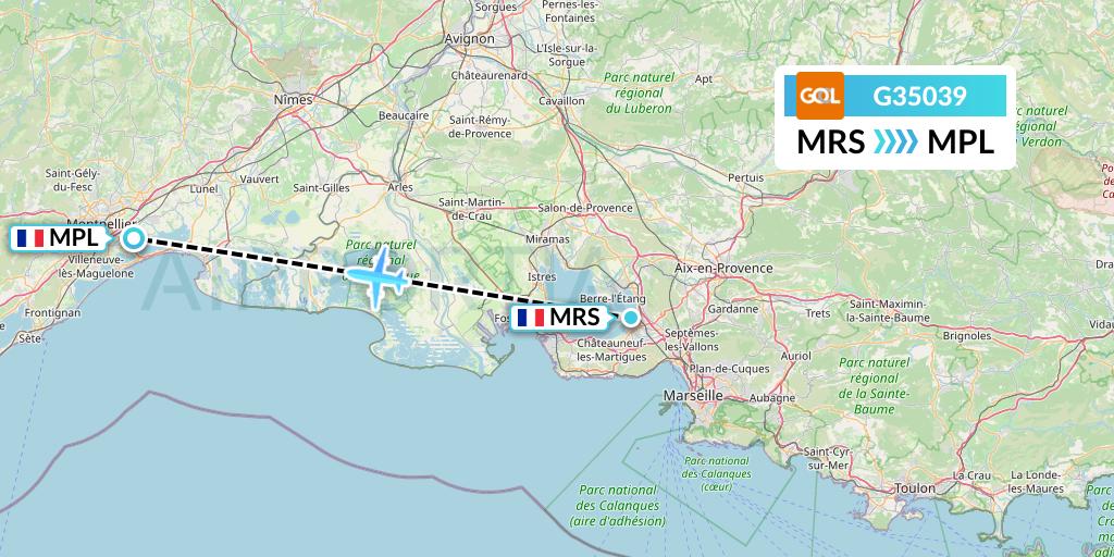 G35039 GOL Transportes Aeros Flight Map: Marseille to Montpellier