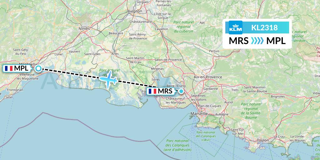 KL2318 KLM Flight Map: Marseille to Montpellier