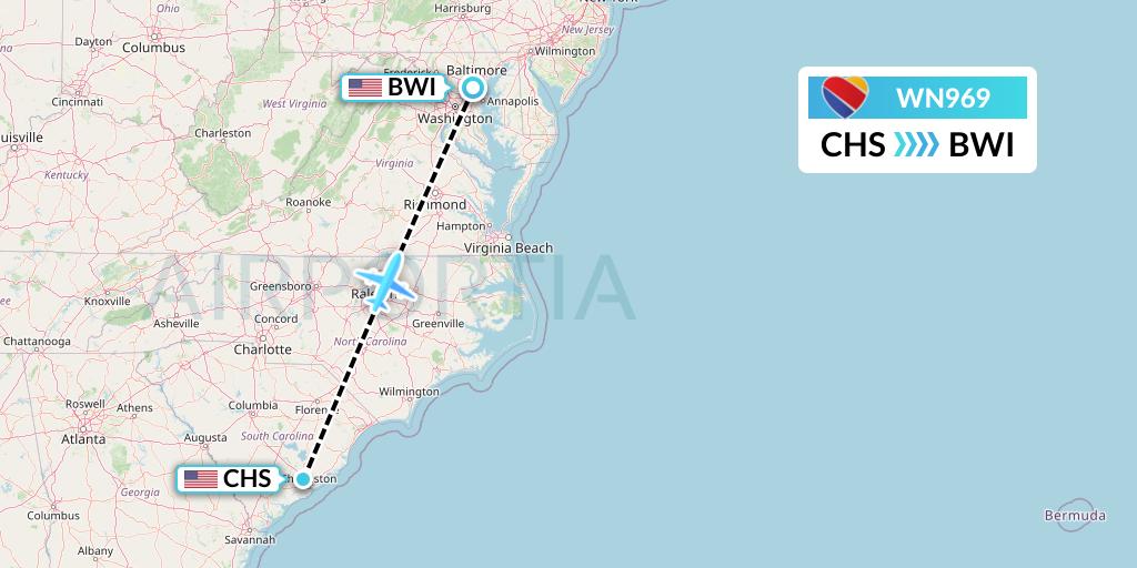 WN969 Southwest Airlines Flight Map: Charleston to Baltimore