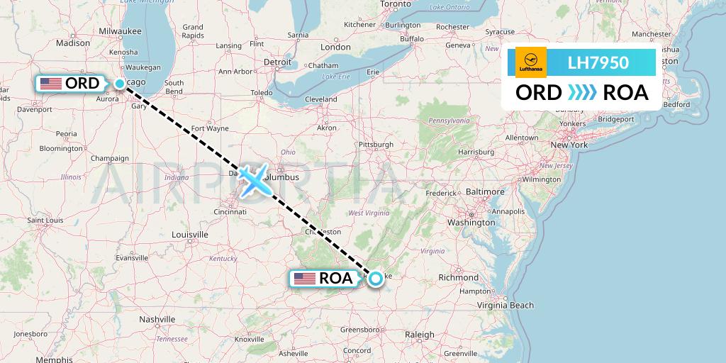 LH7950 Lufthansa Flight Map: Chicago to Roanoke