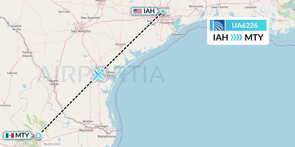 UA6226 United Airlines Flight Map: Houston to Monterrey