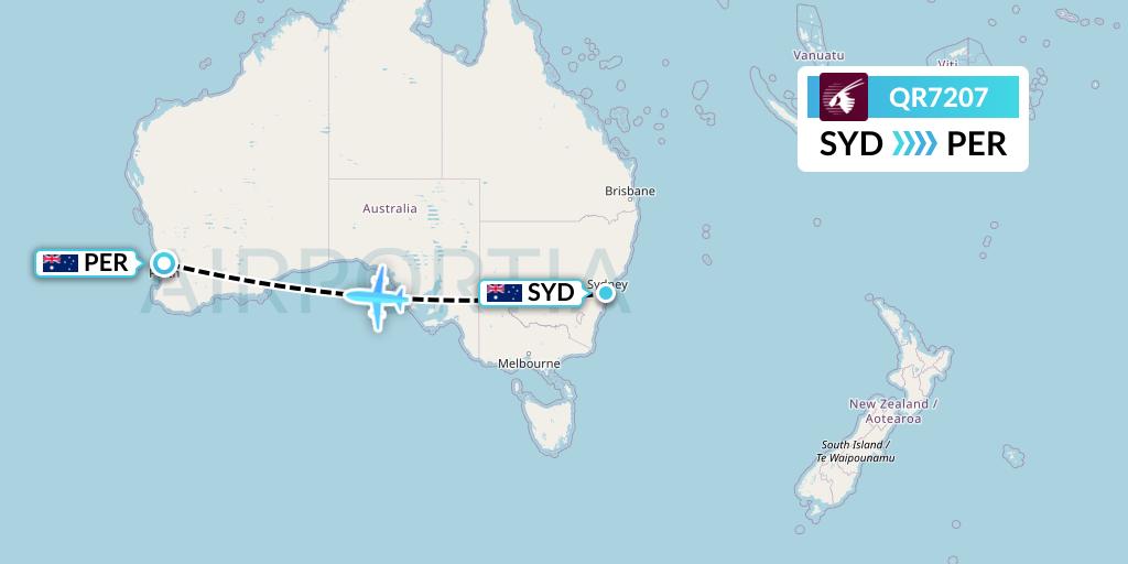 QR7207 Qatar Airways Flight Map: Sydney to Perth