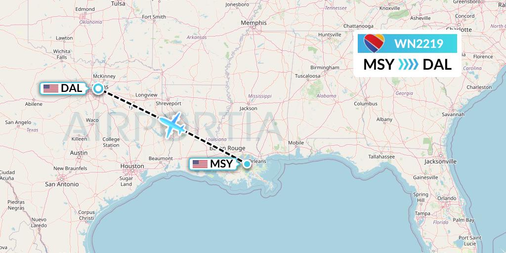 WN2219 Southwest Airlines Flight Map: New Orleans to Dallas