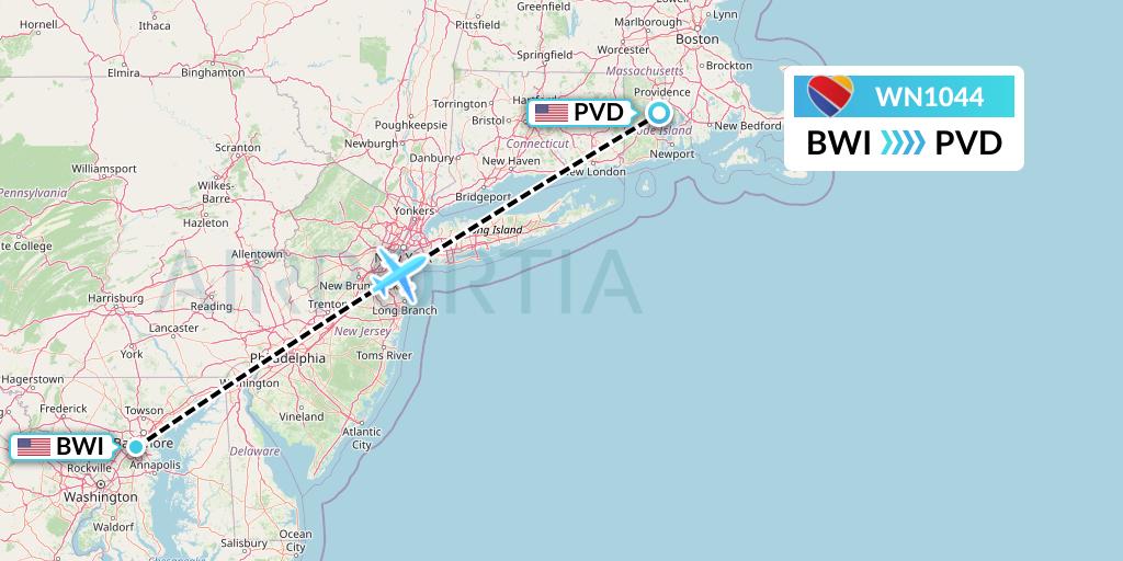 WN1044 Southwest Airlines Flight Map: Baltimore to Providence