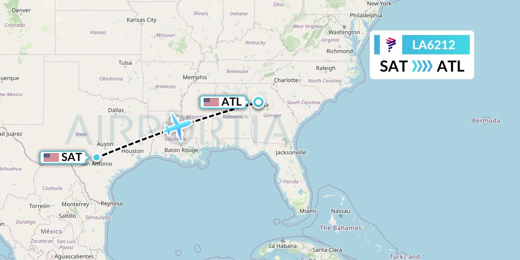 LA6212 LAN Airlines Flight Map: San Antonio to Atlanta