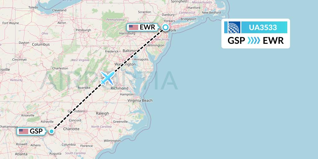 UA3533 United Airlines Flight Map: Greenville-Spartanburg to New York