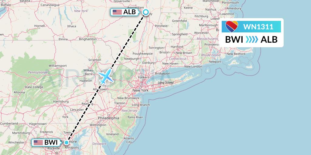 WN1311 Southwest Airlines Flight Map: Baltimore to Albany