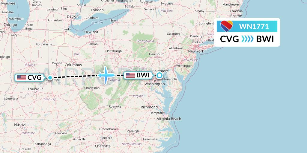 WN1771 Southwest Airlines Flight Map: Cincinnati to Baltimore