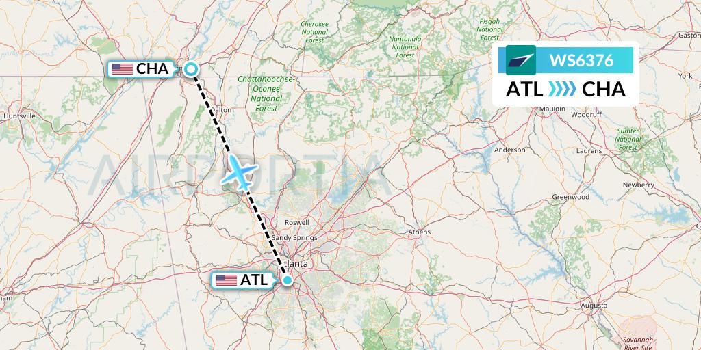 WS6376 WestJet Flight Map: Atlanta to Chattanooga
