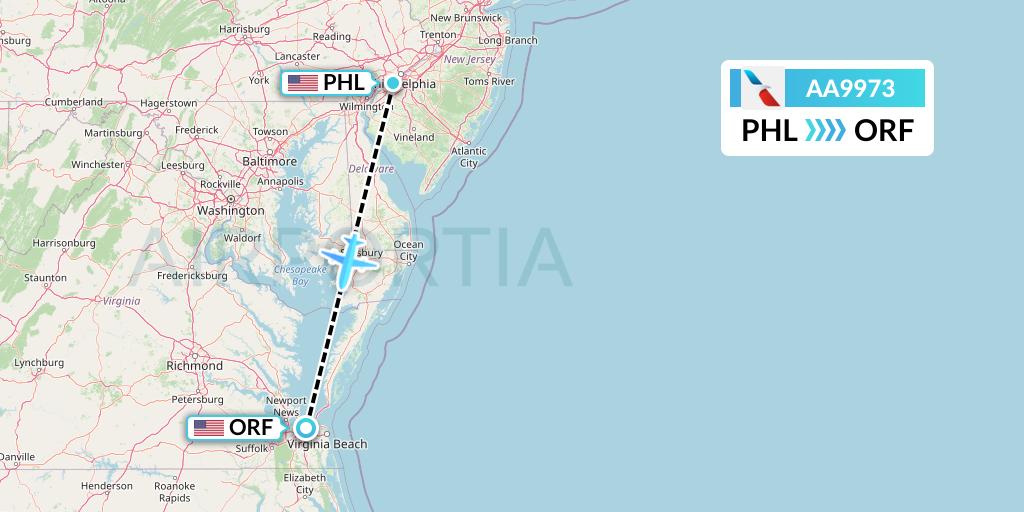AA9973 American Airlines Flight Map: Philadelphia to Norfolk
