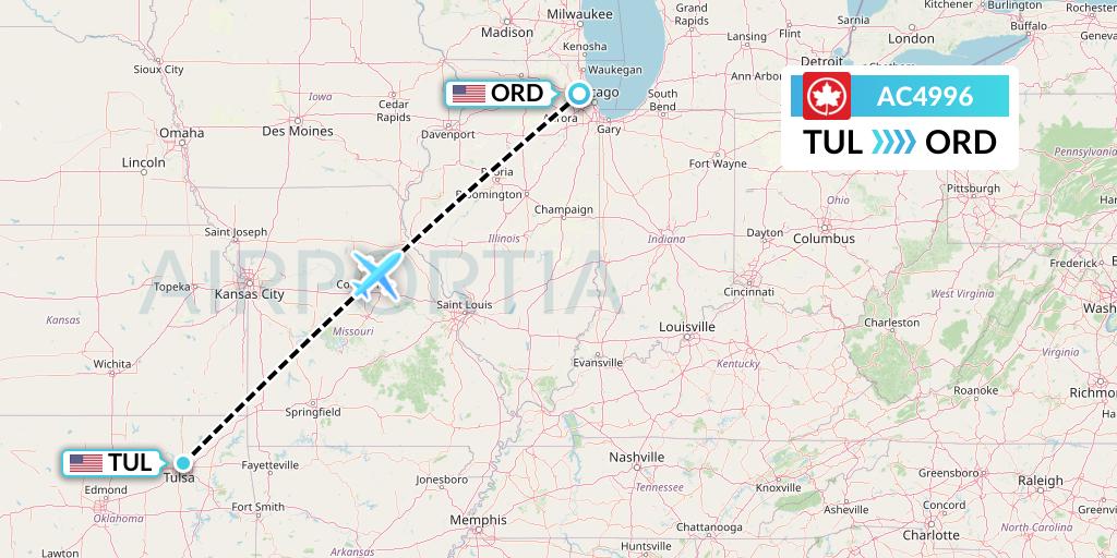 AC4996 Air Canada Flight Map: Tulsa to Chicago