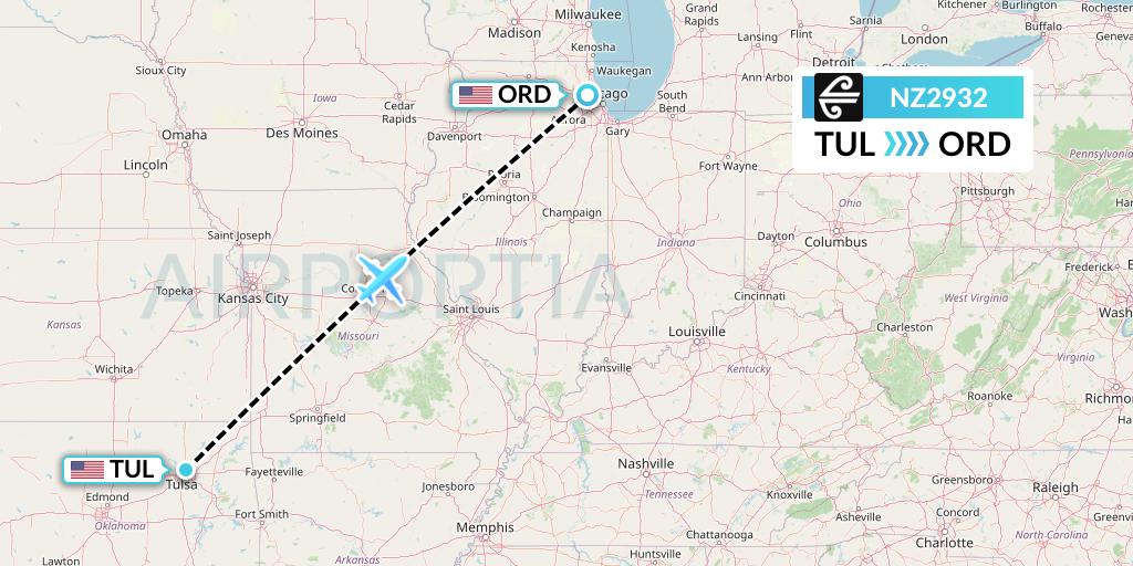 NZ2932 Air New Zealand Flight Map: Tulsa to Chicago