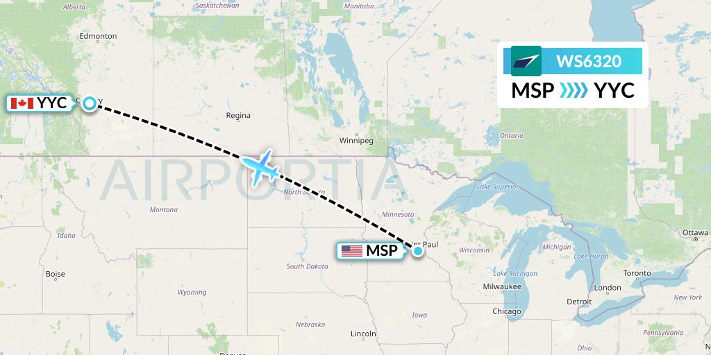 WS6320 WestJet Flight Map: Minneapolis to Calgary