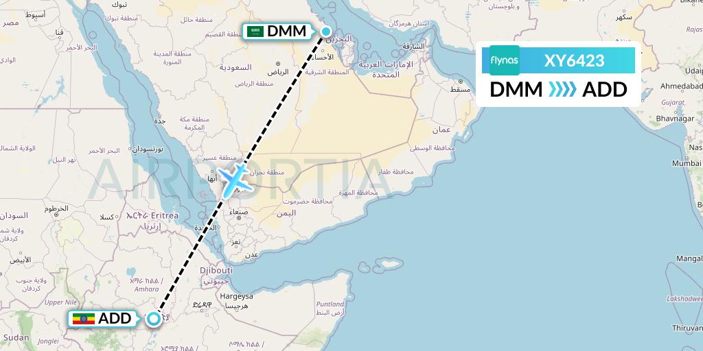 XY6423 Flynas Flight Map: Dammam to Addis Ababa
