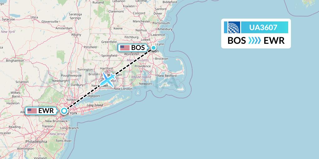 UA3607 United Airlines Flight Map: Boston to New York
