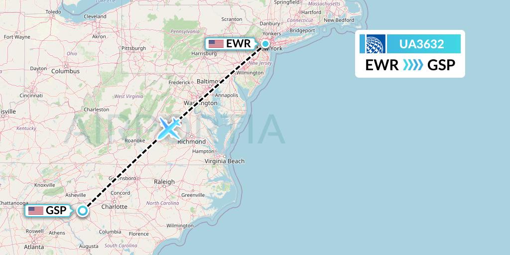 UA3632 United Airlines Flight Map: New York to Greenville-Spartanburg