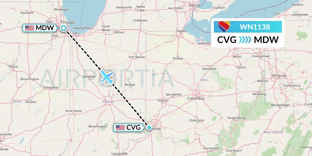 WN1138 Southwest Airlines Flight Map: Cincinnati to Chicago