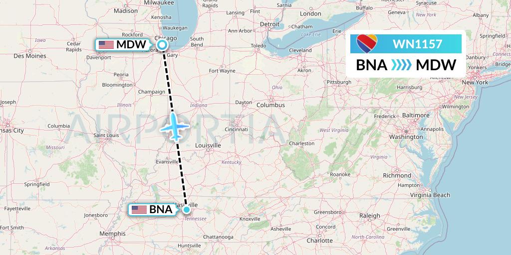 WN1157 Southwest Airlines Flight Map: Nashville to Chicago