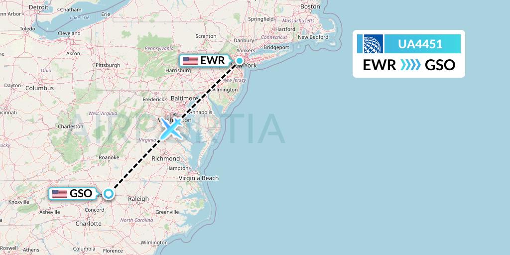 UA4451 United Airlines Flight Map: New York to Greensboro