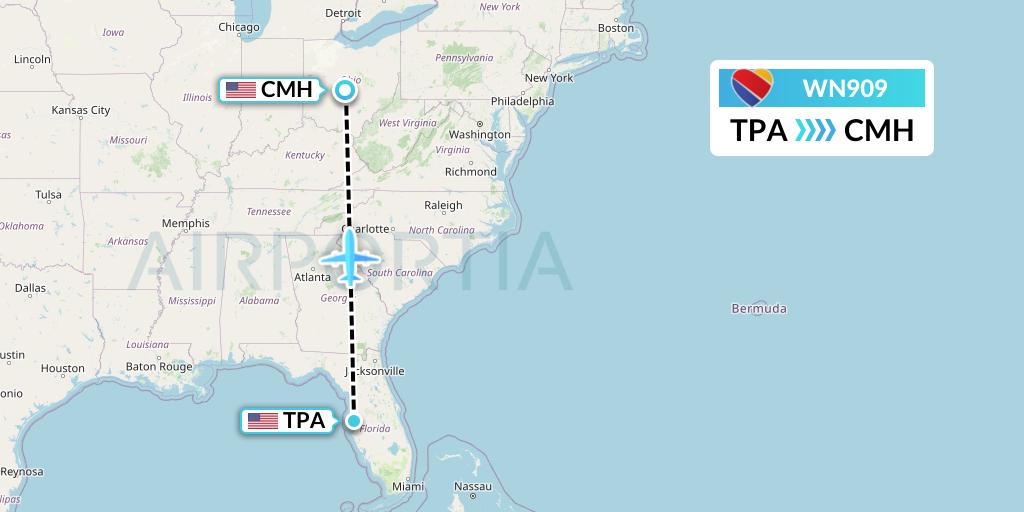 WN909 Southwest Airlines Flight Map: Tampa to Columbus