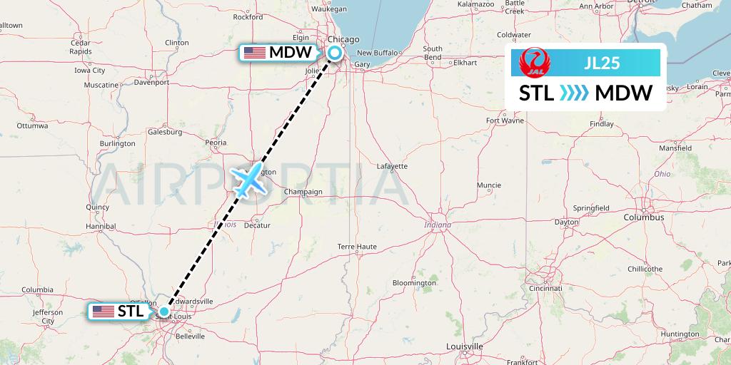 JL25 Japan Airlines Flight Map: St. Louis to Chicago