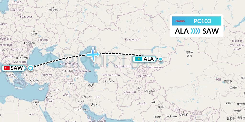 PC103 Pegasus Airlines Flight Map: Almaty to Istanbul