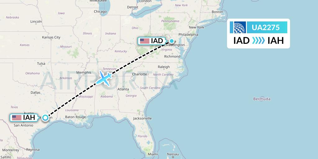 UA2275 United Airlines Flight Map: Washington to Houston