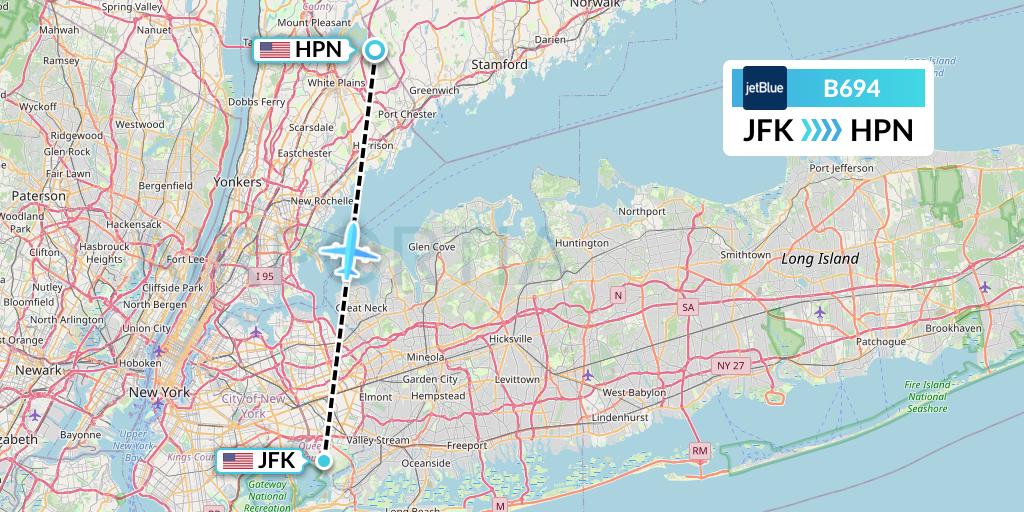 B694 JetBlue Airways Flight Map: New York to White Plains