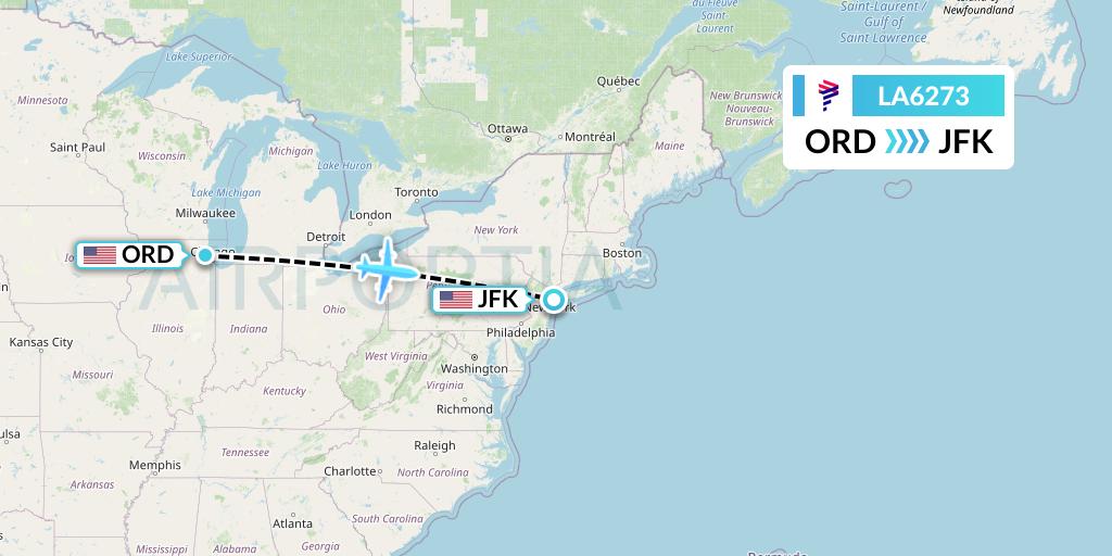 LA6273 LAN Airlines Flight Map: Chicago to New York