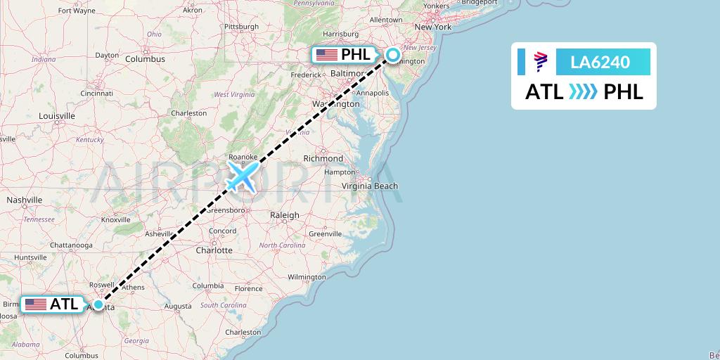 LA6240 LAN Airlines Flight Map: Atlanta to Philadelphia
