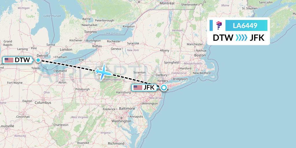 LA6449 LAN Airlines Flight Map: Detroit to New York