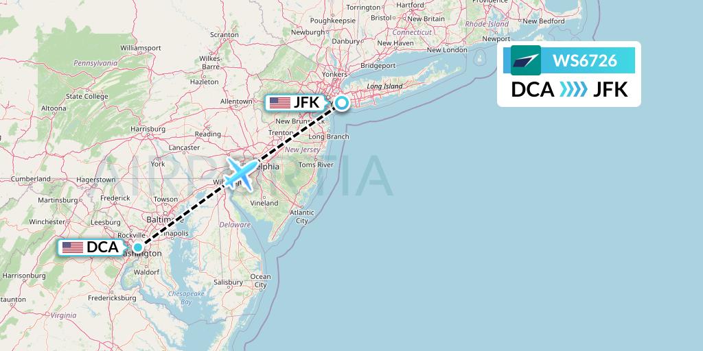 WS6726 WestJet Flight Map: Washington to New York