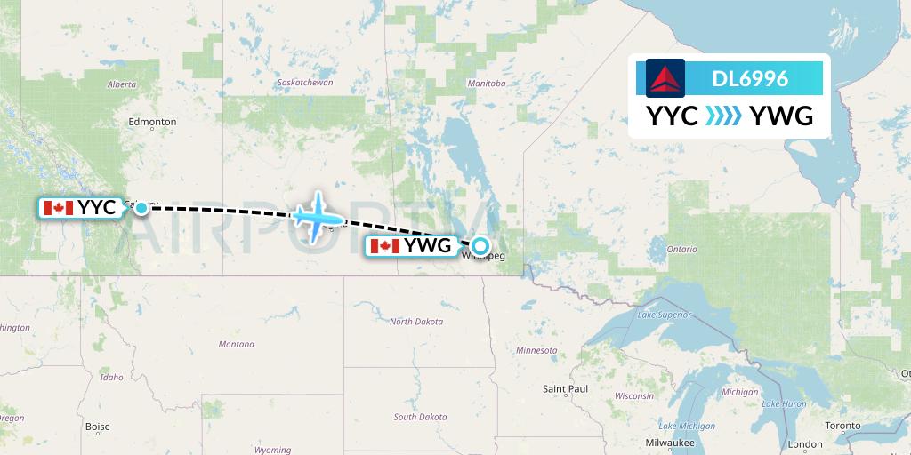 DL6996 Delta Air Lines Flight Map: Calgary to Winnipeg