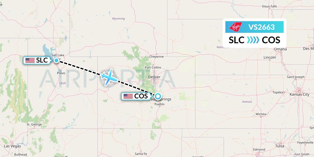 VS2663 Virgin Atlantic Airways Flight Map: Salt Lake City to Colorado Springs