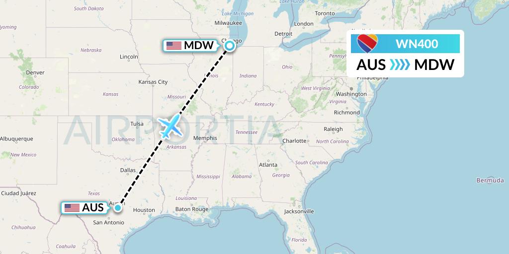 WN400 Southwest Airlines Flight Map: Austin to Chicago