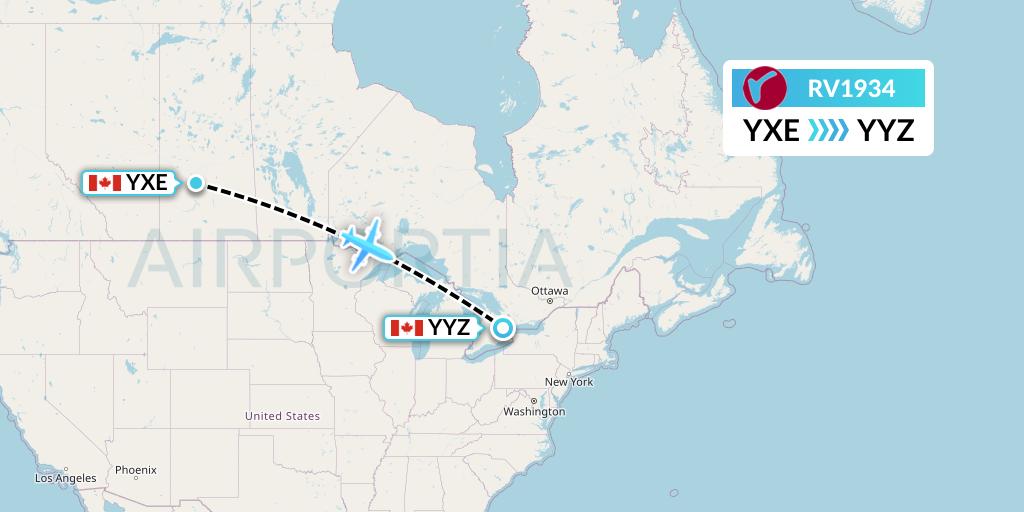 RV1934 Air Canada Rouge Flight Map: Saskatoon to Toronto