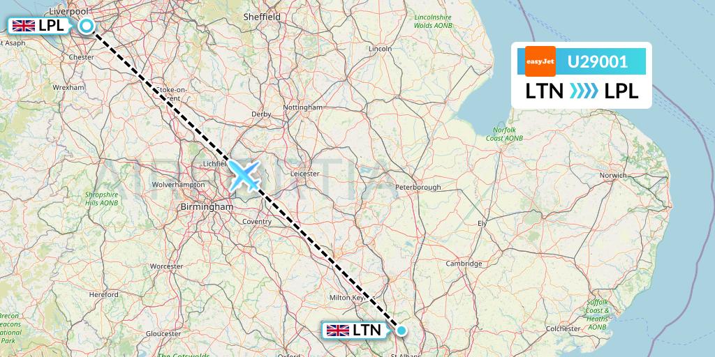 U29001 EasyJet Flight Map: London to Liverpool