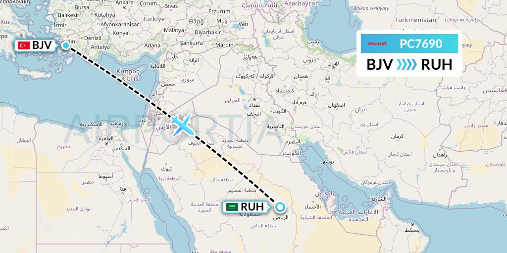 PC7690 Pegasus Airlines Flight Map: Bodrum to Riyadh