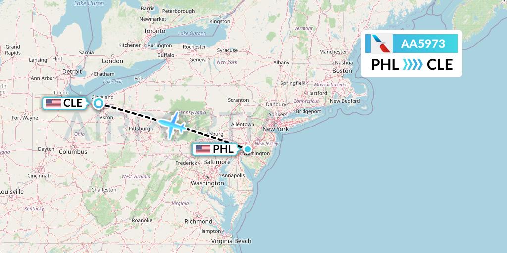 AA5973 American Airlines Flight Map: Philadelphia to Cleveland