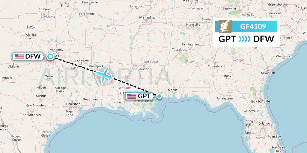GF4109 Gulf Air Flight Map: Gulfport to Dallas