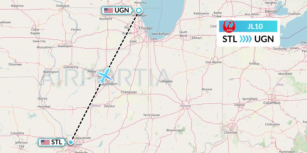 JL10 Japan Airlines Flight Map: St. Louis to Chicago
