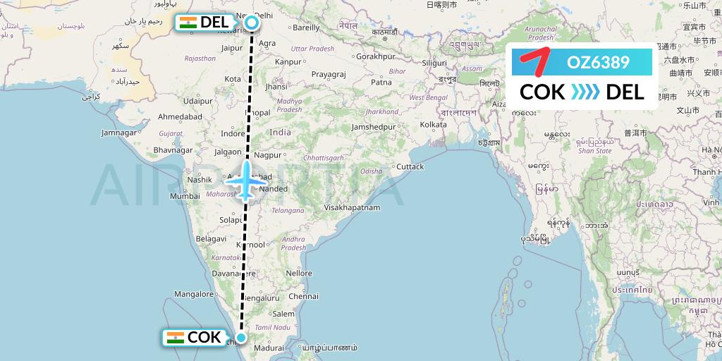 OZ6389 Asiana Airlines Flight Map: Cochin to Delhi